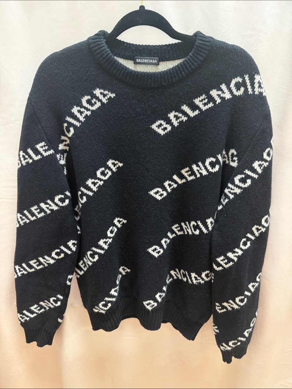 Balenciaga Black Crewneck Sweater with White Logo Pattern